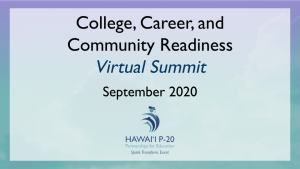Hawaiʻi P-20 logo with image of water with words College, Career, and Community Readiness Virtual Summit