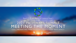 Sunrise image with the words Hawaiʻi P-20 and Chamber of Commerce Hawaiʻi present 2021 Pathways Summit Meeting the Moment: Collaborating for Student Equity and Resiliency. Includes Hawaiʻi P-20 and Chamber of Commerce Hawaiʻi logos
