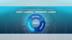 Blue arrows making a circle graphic with the words Hawaiʻi Work-Based Learning Convening Today's Learners, Tomorrow's Leaders Education, Employers, Intermediaries with the word Hawaiʻi in the middle