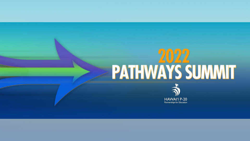 The words, "2022 Pathways Summit" toward the left of the image over the Hawaiʻi P-20 logo with a green, purple, and blue arrow pointing at the words from the right. Images and words on a background with multiple shades of blue.