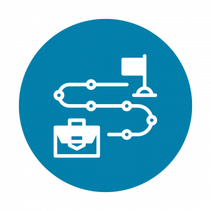 infographic of a blue circle with a white graphic starting with a briefcase and ending at a flagpole