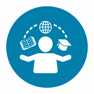 blue circle infographic with a human icon with a book, globe and graduation cap above